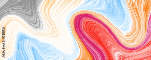 Abstract vibrant colorful liquid marble background texture with smooth flowing waves. Dynamic grey blue orange and red acrylic paint pour pattern for creative modern graphic design and wallpaper.