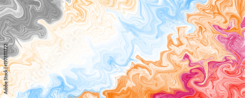 Abstract chaotic colorful fluid marble texture background. Dynamic bright mixing of grey blue orange and pink acrylic paint pour for vibrant modern graphic design, trendy backdrop and wallpaper.