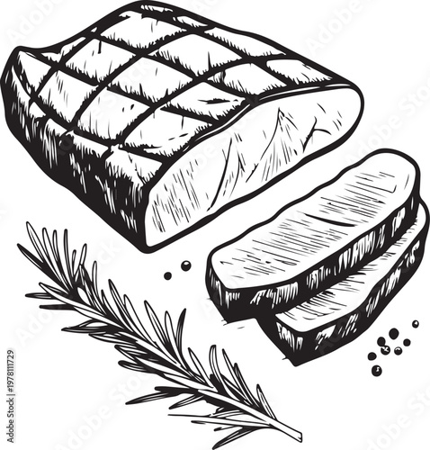 Tri-tip Steak Hand-drawn Sketch Drawing Vector Illustration, Line Linear Symbol Black and White Engraving, Isolated