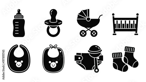 A collection of monochrome icons depicting baby essentials including bottles pacifiers and a stroller high quality professional detailed modern elegant stylish