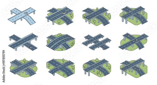 Collection of isometric highway interchanges and bridges.