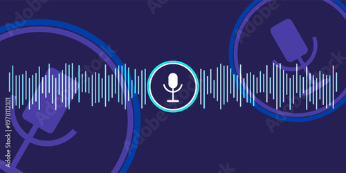 Concept of voice recognition. Sound wave with imitation of voice, sound and microphone icon. Vektor illustration modern
