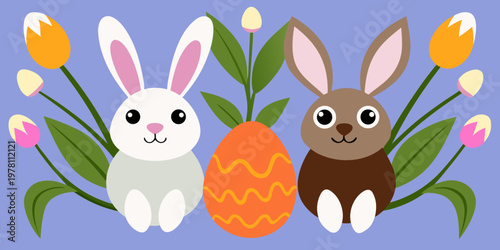 Easter banner with bunnies, tulips, snowdrops, willow catkins branches and eggs - vector illustration
