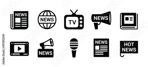 News Icon Vector Set Newspaper Announcement Social Media Television Hot News Microphone Megaphone Paper Newsletter Journalism Live Broadcast Illustration Set Isolated Background