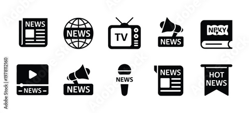 News Icon Vector Set Newspaper Announcement Social Media Television Hot News Microphone Megaphone Paper Newsletter Journalism Live Broadcast Illustration Design Isolated Background