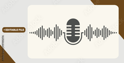 Microphone icon with sound waves, audio voice recognition, recording voice message sign, speech podcast mic symbol