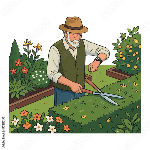 An old man is gardening with shears in a lush vibrant garden outdoors.