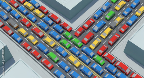 Busy city intersection with many cars in traffic jam.