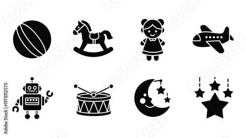 A collection of simple black silhouette icons depicting various childhood toys and comforting nighttime objects high quality professional detailed modern elegant