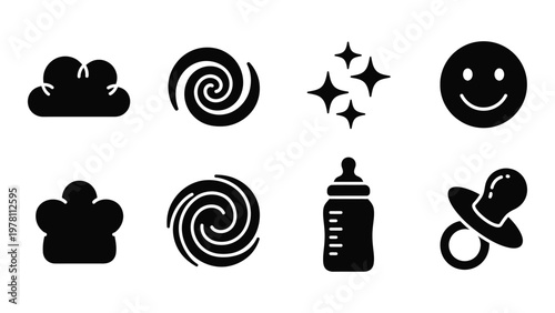 A collection of black silhouette icons depicting clouds spirals stars a smiling face bottle and baby items high quality professional detailed