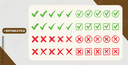 Φωτογραφία Check tick mark icon set, hand drawn doodle red cross box x check mark green che