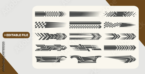 Racing cars and race car stripes set, angled checkered patterns, checkered flag, finish line, motocross labels, dynamic lines, motorsport, racing stripe speed, sport decals, vehicle tuning stickers
