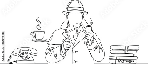 Detective Silhouette with Magnifying Glass Pipe and Mystery Books Retro Style Line Art Illustration for Investigation and Crime Concept.