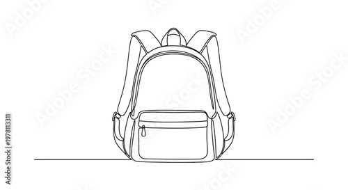 Simple line drawing of a backpack with straps and front pocket, illustration represents common
