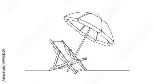 Minimalist line drawing of a beach chair and open umbrella for summer vacation with design evokes