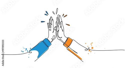 Dynamic line art illustration of two hands high fiving with colorful splashes, image symbolizes