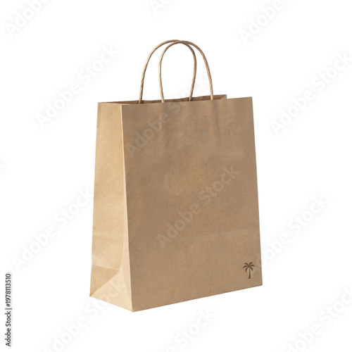 Foto Empty brown kraft paper shopping bag with handles and a subtle dark palm tree icon, isolated on transparent background