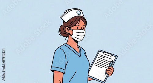 Nurse wearing a face mask and holding a medical chart clipboard