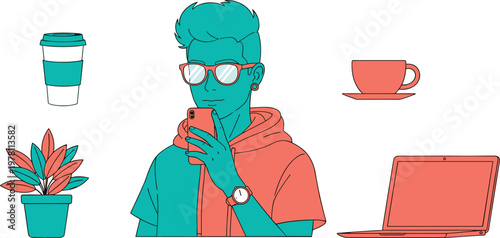Young Man with Smartphone, Coffee, Plant, Laptop, and Cup in Modern Flat Design Colorful Lifestyle Concept for Digital Nomad and Work from Home.