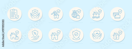 Insurance security set icon. Blue line badges, clipboard shield, policy sheet, medical cross hands, key home shield, globe lock, flood house shield, card shield, home lock, heart pulse hands.