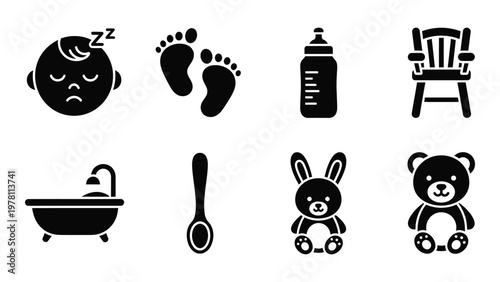 A collection of simplistic black glyph icons depicting baby essentials like sleep feeding and bath time high quality professional detailed modern