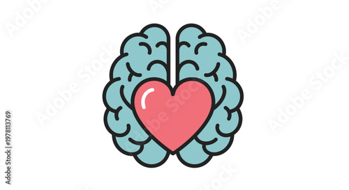 Illustration of a blue brain with a pink heart in the center on a white background, simple flat design.