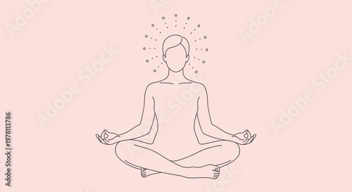 A minimalist line drawing of a person meditating in lotus position with a subtle aura of dots on a soft pink background.