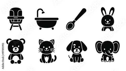 A collection of simple black and white icons depicting baby items bath fixtures and various cute animal figures high quality professional