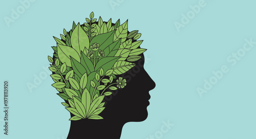 Flat design illustration of a human head silhouette with lush green leaves and foliage emerging from it against a soft blue background.