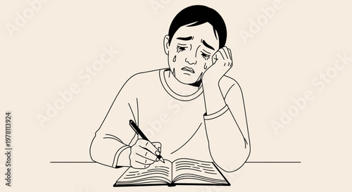 A young woman sits at a table, looking puzzled while writing in an open book with a pen, against a plain background.
