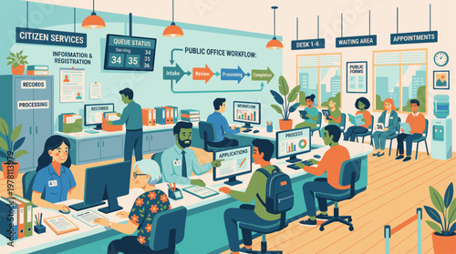Illustration of people working at desks in a modern office with computers and plants, conveying a productive and collaborative atmosphere with a mix of blue and orange tones.