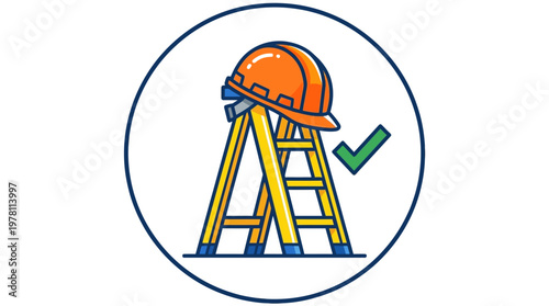 Yellow ladder with orange hard hat.