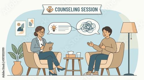 Illustration of a therapist and patient in a counseling session with speech bubbles in a cozy office setting with warm tones.