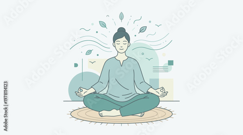 Calm woman meditating in lotus position on a mat with hands outstretched and leaves floating around her in a serene and peaceful atmosphere.