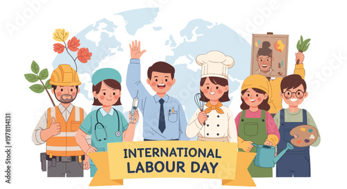 Cheerful Illustration of International Labour Day with Diverse Professionals Group