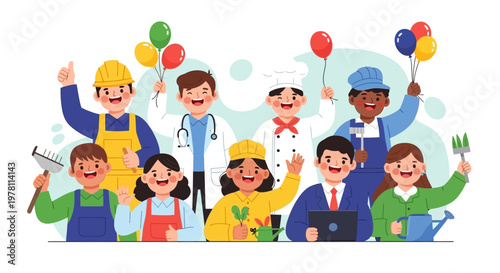 Colorful Flat Illustration of Diverse Professions Celebrating Together with Balloons