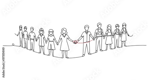 Minimalist Line Art Diverse Group of People Holding Hands Illustration