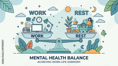 Illustration of a woman balancing work and rest on a seesaw with symbolic objects and plants in a whimsical style with pastel colors conveying harmony and balance.