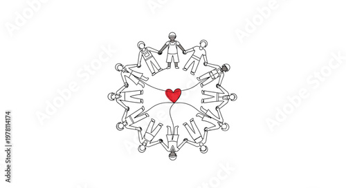 Minimalist Line Art Diverse People Holding Hands Circle with Heart Shape in Center Illustration