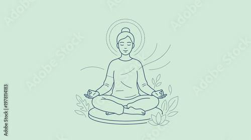 A serene line drawing of Buddha meditating in a lotus position with a halo, surrounded by leaves on a light green background.