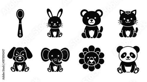 A collection of black silhouette icons depicting a baby spoon various animals and a floral design high quality professional detailed modern