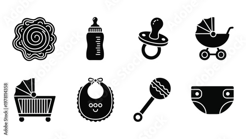 A collection of black silhouette icons depicts various baby essentials including bottles strollers and diapers high quality professional detailed modern elegant