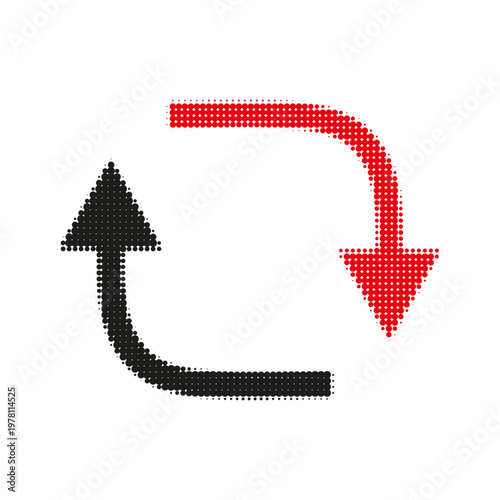 Halftone circular arrow icon set with up and down directions. Abstract vector symbol of rotation, refresh, exchange, cycle and process flow in modern dotted style.