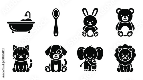 A collection of simple black silhouette icons depicting baby items including toys bath and animal figures high quality professional detailed modern