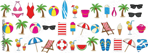 Colorful Summer Beach Vacation Icon Set with Swimwear Palm Trees Umbrella Cocktails Sunglasses and Tropical Holiday Elements Collection