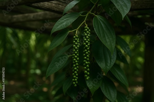Green black pepper berries hanging on vine in plantation