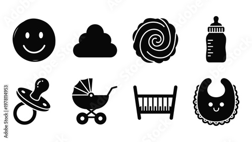 A collection of simple black silhouette icons representing baby items such as a bottle pacifier and crib high quality professional detailed