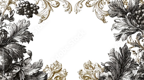 Victorian floral engraving decorative border with grapes and leaves