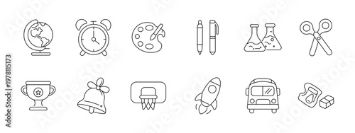 School creativity science set icon. Globe alarm palette pens flasks scissors trophy bell hoop rocket bus clay depict classroom experiment art transport education.