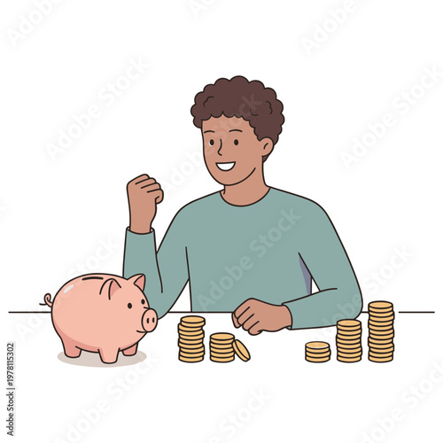 A man happily saving coins in a piggy bank on a table indoors.